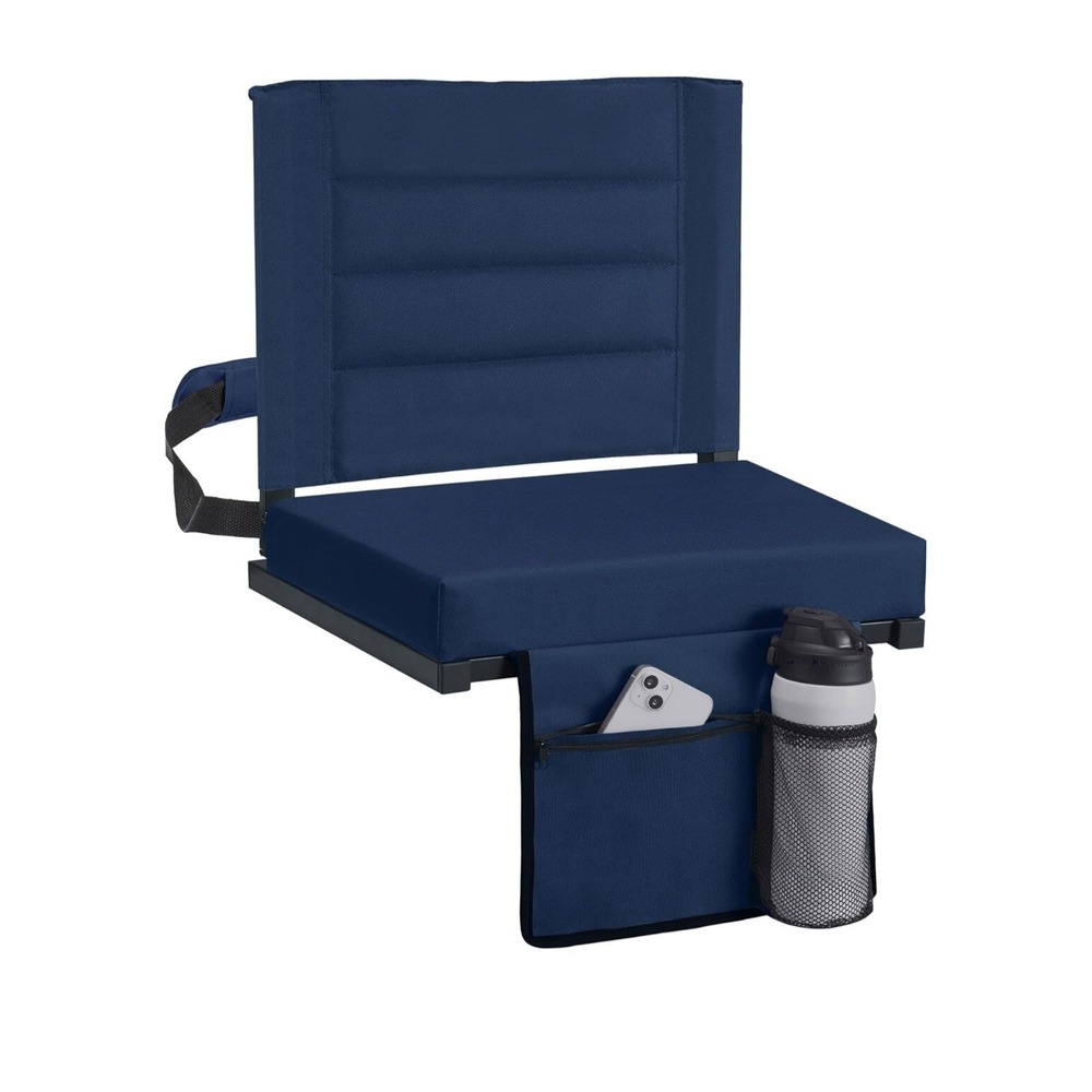 Portable Bleacher Seat Cushion w/ Back Support & Storage Pocket Blue NEW